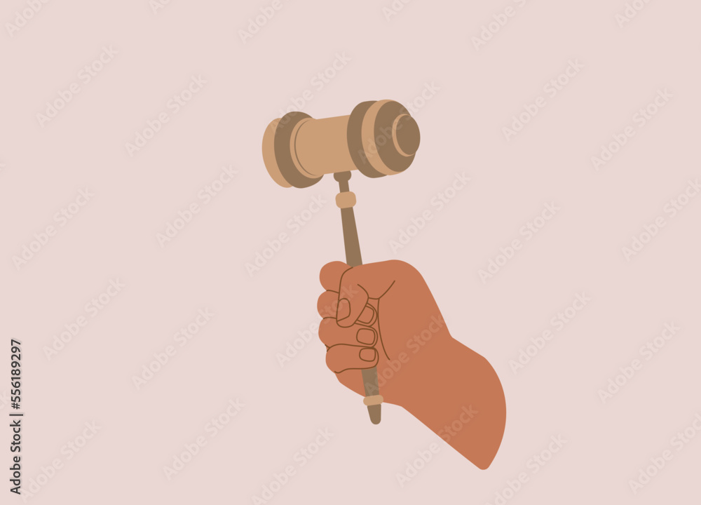 A Person’s Hand Holding A Gavel. Close-Up. Flat Design Style, Character, Cartoon.