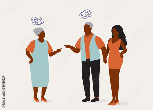 Black Senior Wife Angry At Her Unfaithful Husband Who Is Cheated On Her With A Younger Woman. Full Length. Flat Design Style, Character, Cartoon.
