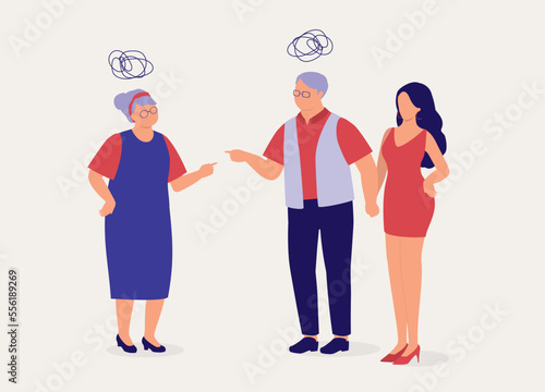 Senior Wife Angry At Her Unfaithful Husband Who Is Cheated On Her With A Younger Woman. Full Length. Flat Design Style, Character, Cartoon.