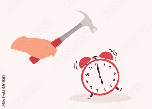 A Person’s Hand Holding Hammer Whacking Down The Ringing Alarm Clock With 6 O’Clock. Close-Up. Flat Design Style, Character, Cartoon.