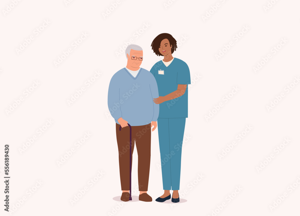 Smiling Black Female Nurse With Medical Scrubs Helping White Senior Man. Full Length. Flat Design Style, Character, Cartoon.