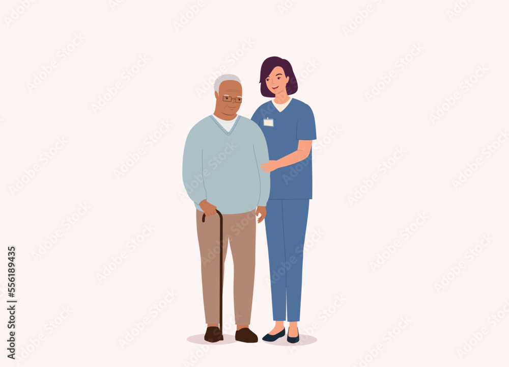 Smiling White Female Nurse With Medical Scrubs Helping Black Senior Man. Full Length. Flat Design Style, Character, Cartoon.