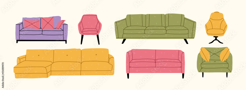 Set of trendy sofas, armchairs, with cushions in retro mid-century style. Modern soft furniture collection. Colored flat vector illustration isolated on white background. Room decoration, interior. Set of trendy sofas, armchairs, with cushions in retro mid-century style. Modern soft furniture collection. Colored flat vector illustration isolated on white background. Room decoration, interior.