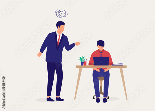 Angry Man Manager Scolding His Employee With Face Looking Down Sitting Sadly At His Working Desk. Full Length. Flat Design Style, Character, Cartoon.