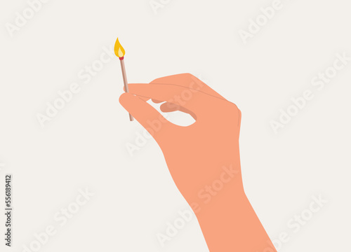 A Person’s Hand Holding A Burning Matchstick With Fire. Close-Up. Flat Design Style, Character, Cartoon.