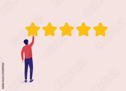 Back View Of A Man Giving Five Star Rating. Full Length. Flat Design Style, Character, Cartoon.