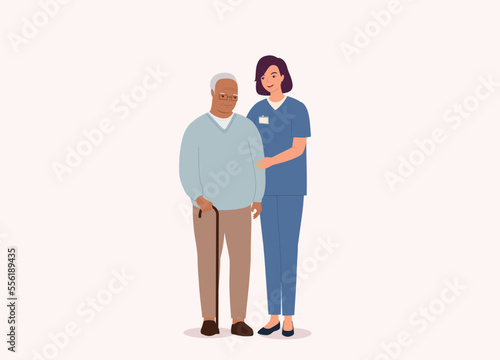 Smiling White Female Nurse With Medical Scrubs Helping Black Senior Man. Full Length. Flat Design Style, Character, Cartoon.