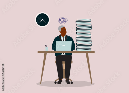 One Stressful Black Senior Man Employee Working Overtime Due To Overload Of Work. Paperwork Piling Up On Desk. Full Length. Flat Design Style, Character, Cartoon.