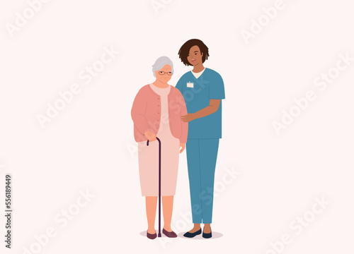 Smiling Black Female Nurse With Medical Scrubs Helping White Senior Woman. Full Length. Flat Design Style, Character, Cartoon.