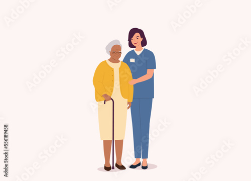 Smiling White Female Nurse With Medical Scrubs Helping Black Senior Woman. Full Length. Flat Design Style, Character, Cartoon.