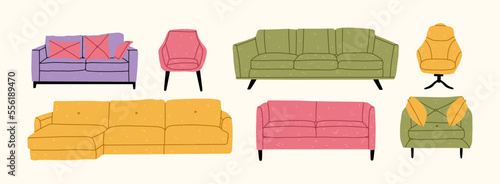 Set of trendy sofas, armchairs, with cushions in retro mid-century style. Modern soft furniture collection. Colored flat vector illustration isolated on white background. Room decoration, interior.
