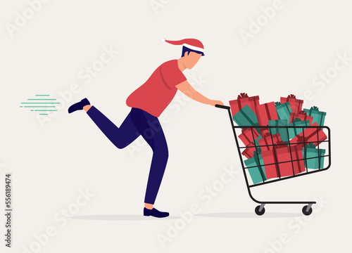 One Young Man Running Fast While Pushing Shopping Cart Loaded With Present Gift Boxes. Full Length. Flat Design Style, Character, Cartoon.