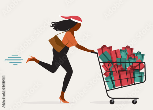 One Black Young Woman Running Fast While Pushing Shopping Cart Loaded With Present Gift Boxes. Full Length. Flat Design Style, Character, Cartoon.