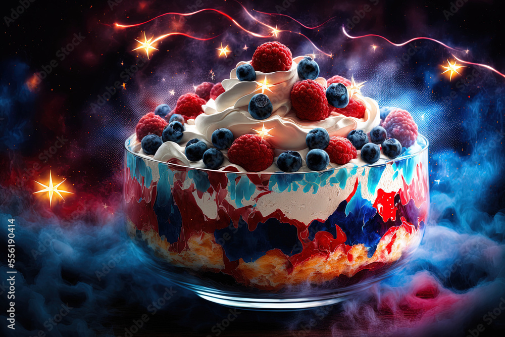 Angel food cake with summer berry red, white, and blue trifle in a big