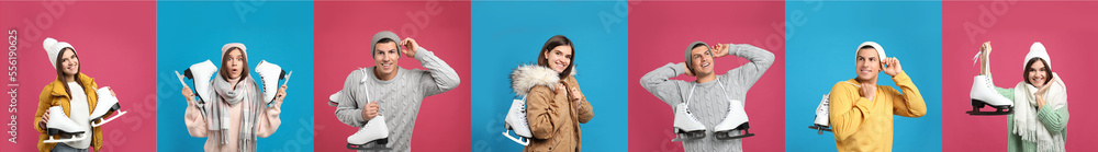 Collage with photos of man and woman with ice skates on color backgrounds, banner design Collage with photos of man and woman with ice skates on color backgrounds, banner design