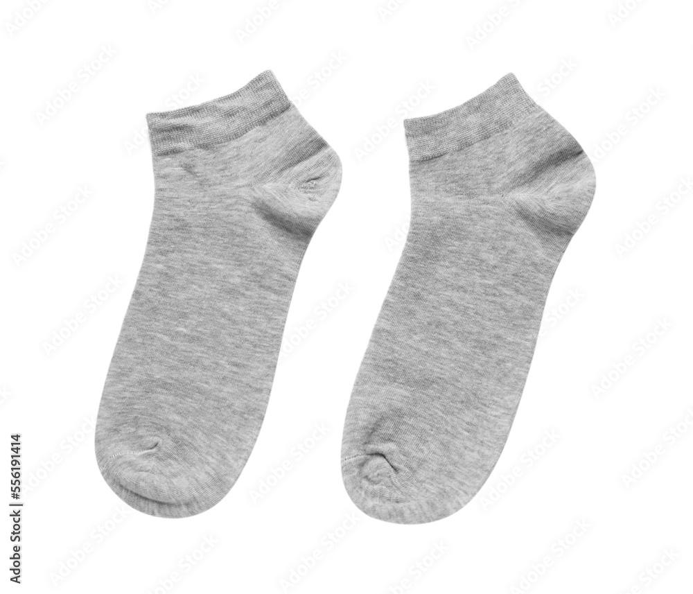 Pair of grey socks on white background, top view Pair of grey socks on white background, top view