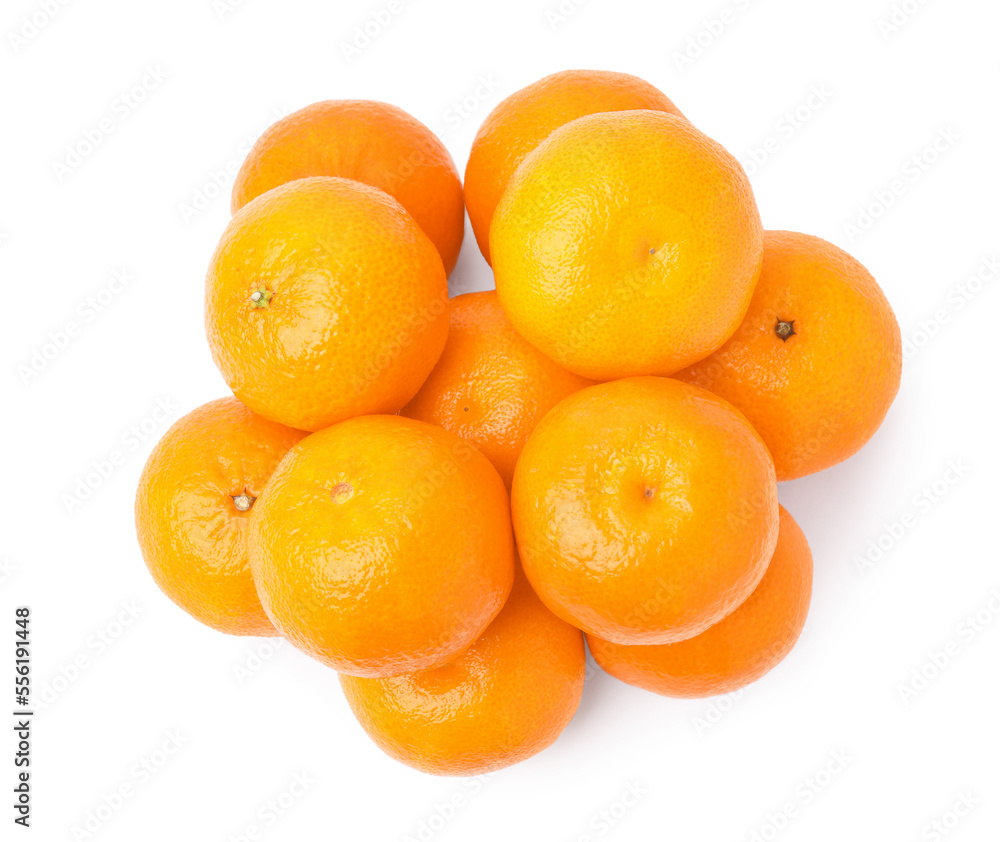 Fresh ripe juicy tangerines isolated on white, top view Fresh ripe juicy tangerines isolated on white, top view