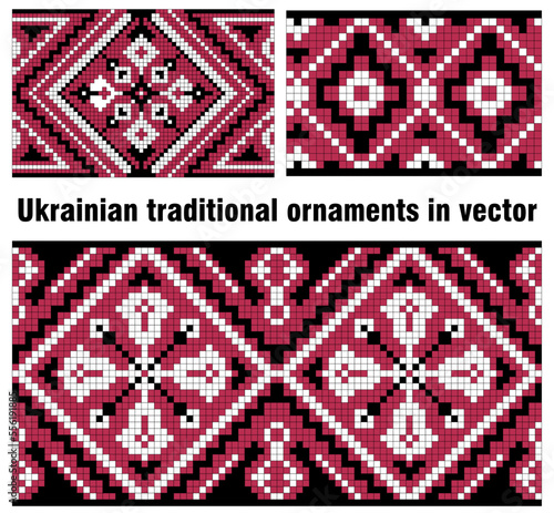 Ethnic traditional ukrainian ornament for embroidery in vector. Unique seamless pattern. Viva magenta color. Red, black and white fancywork