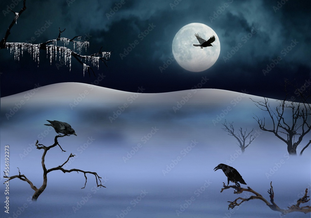 Fototapeta premium raven, winter, night, hall, painting, interior design, home decoration, abstraction, style,