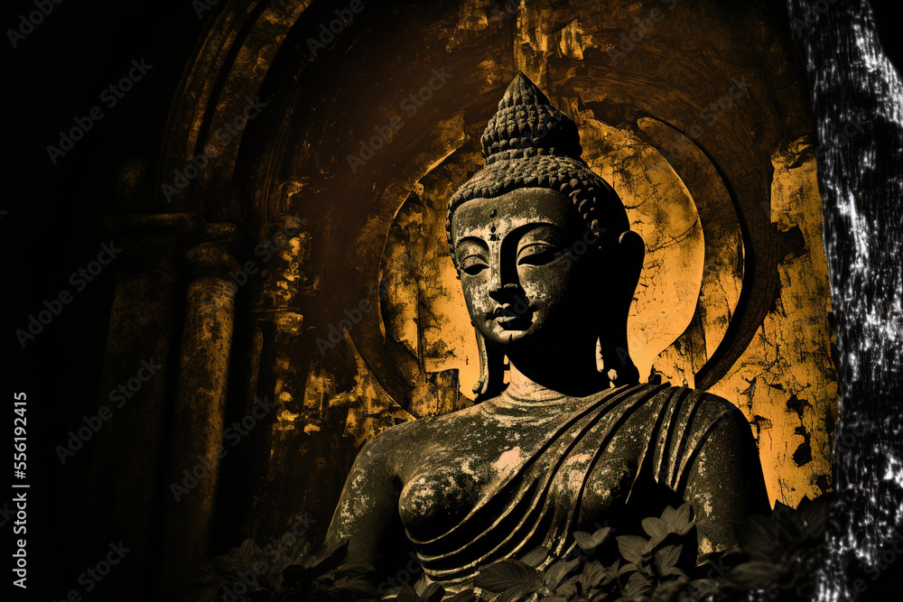 There is a deserted antique Buddha statue. Generative AI