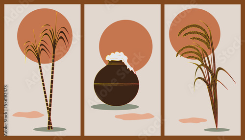 abstract south indian pongal poster set. Vector flat illustration. Design for pattern, invitation, greeting card, room decor element.