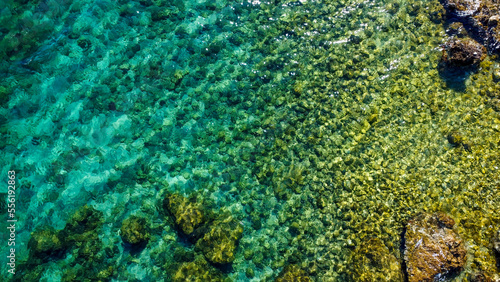 Aerial drone photo of Croatian sea with turquoise rocky seascape