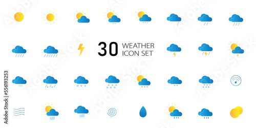 set of blue weather or meteorological icons  with seasons, sun, rain, clouds, cyclone, winter freeze, lightning and wind isolated on white, editable vector illustration for ui ux design 