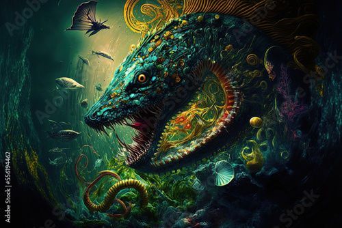 undersea picture with a sea serpent, reptiles, and a poisonous wasp. Generative AI
