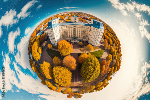 Autumnal beautiful city overhead panorama image of the iconic Derzhprom constructivist structure in Kharkiv, Ukraine, taken from Freedom Svobody Square. Generative AI photo