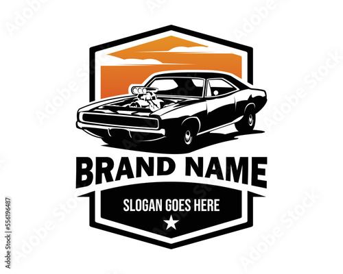 dodge car logo isolated white background featured with sunset sky view. Best for badge, emblem, icon, sticker design.