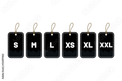 Clothes size label s, m, l, xs, xl and xxl vector symbol