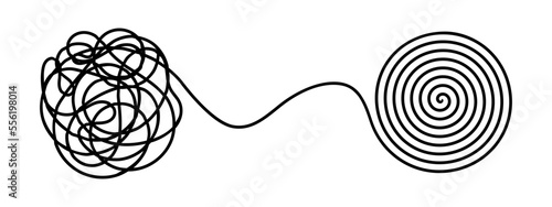 Chaos and order business concept or Tangled disorder turns into spiral order line. Concept of solving problem, difficult situation, chaos and mess. Metaphor of problem solving.