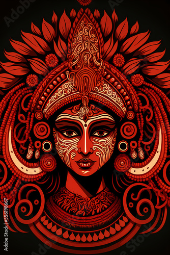 Theyyam, girl in mask, Kerala, vector illustration minimalist design, vector illustration, hindu goddess 