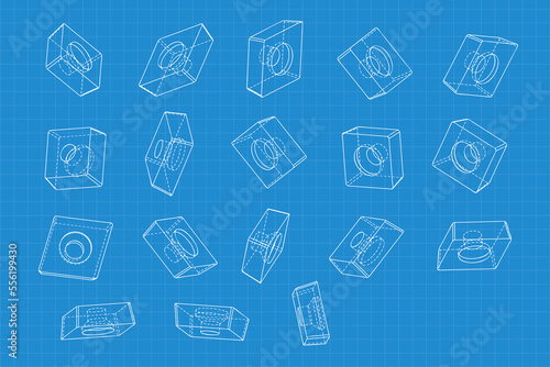 Mechanical engineering drawings on blue background. Cutter, assembly tool with replaceable multi-faceted plate. Technical Design. Cover. Blueprint. Vector illustration.