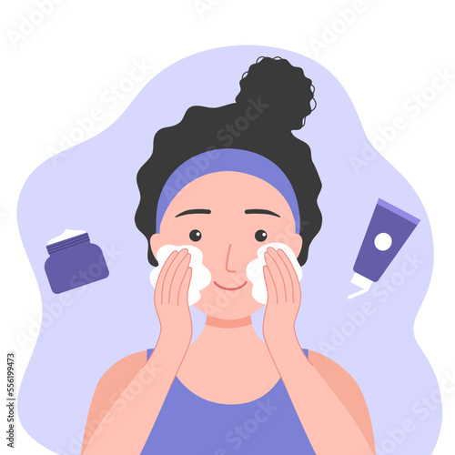 Young woman applying facial skin care on her face in flat design on white background.
