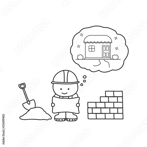 Hand drawn color children construction set of worker plan to build a house