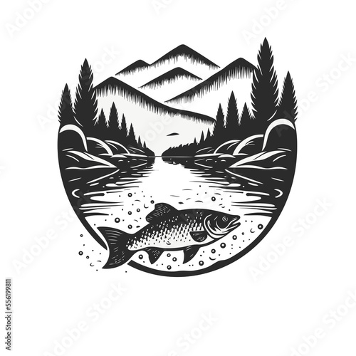 fishing fish in the water blank and white vintage logo design template