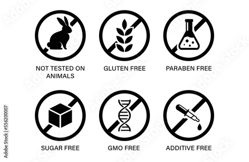 Icon set for cosmetic packages, Not tested on animals, gluten, additive free, sugar free, gmo free, paraben free signs
