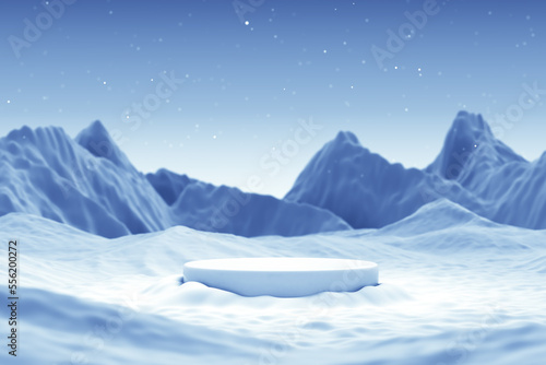 platform podium soft white ice cool cold chill concept. product display iceberg snow mountain night sky blue atmosphere. commercial advertisement for skincare cosmetic or beauty. 3D Illustration. © chawalit