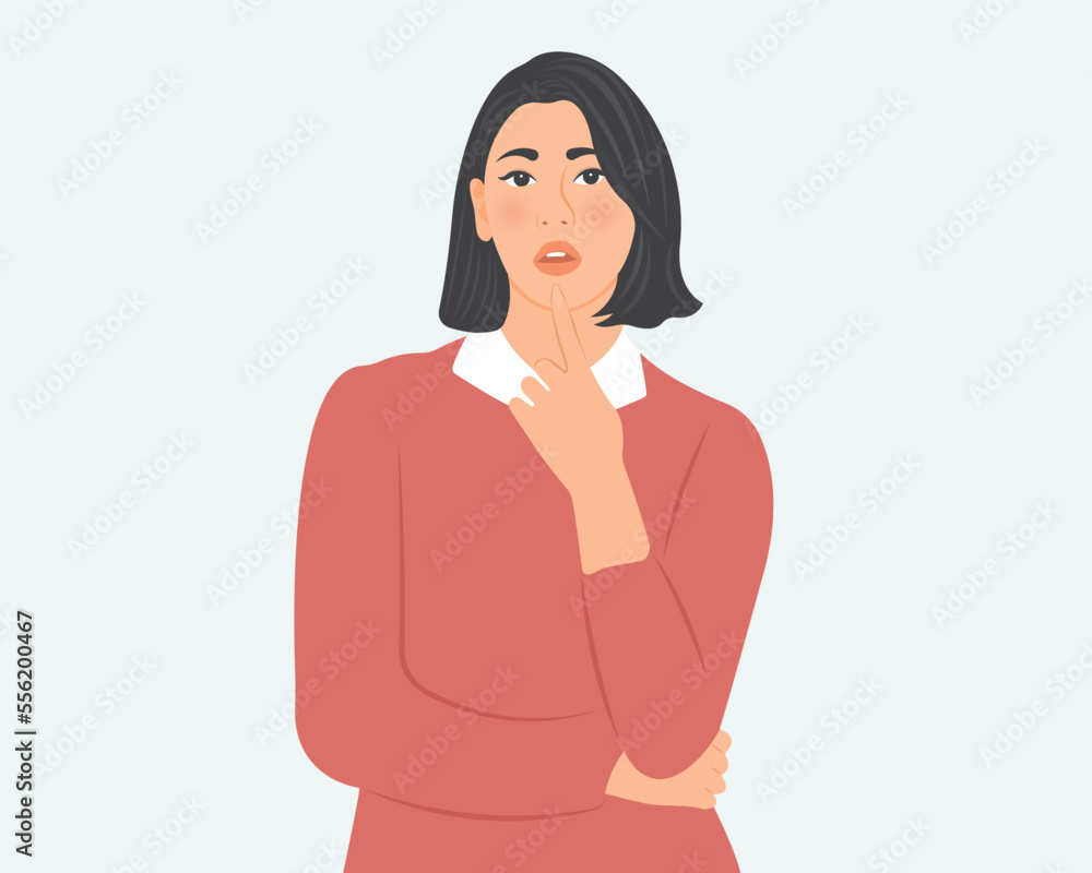 Beautiful young woman standing thinking about her work and life.Vector illustration. Beautiful young woman standing thinking about her work and life.Vector illustration.