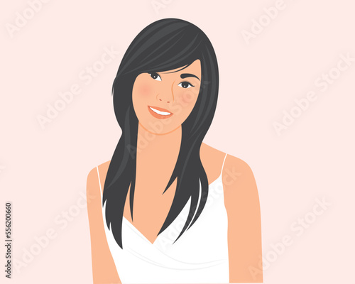 Young beautiful woman with long cute gentle hair smiling happily has a beautiful glowing skin.Vector illustration concept of health care or skin care.