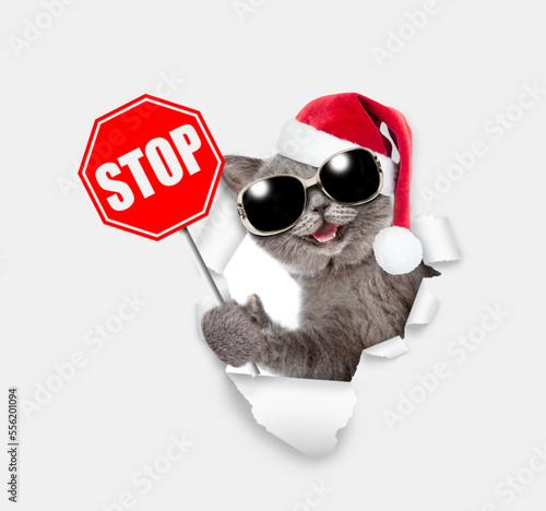 Happy kitten wearing sunglasses and red santa hat looking through a hole in white paper  and shows stop sign