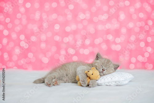 Cozy tiny kitten sleeps on a pillow on a bed at home on festive background and hugs favorite toy bear. Empty space for text