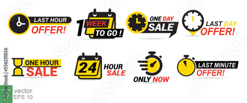 Sale countdown badges. Last minute offer banner, one day sales and 24 hour sale promo stickers. business limited special promotions, best deal badge. Isolated vector icons set. EPS 10.
