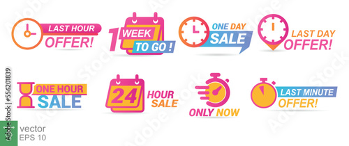 Sale countdown badges. Last minute offer banner, one day sales and 24 hour sale promo stickers. business limited special promotions, best deal badge. Isolated vector icons set. EPS 10.