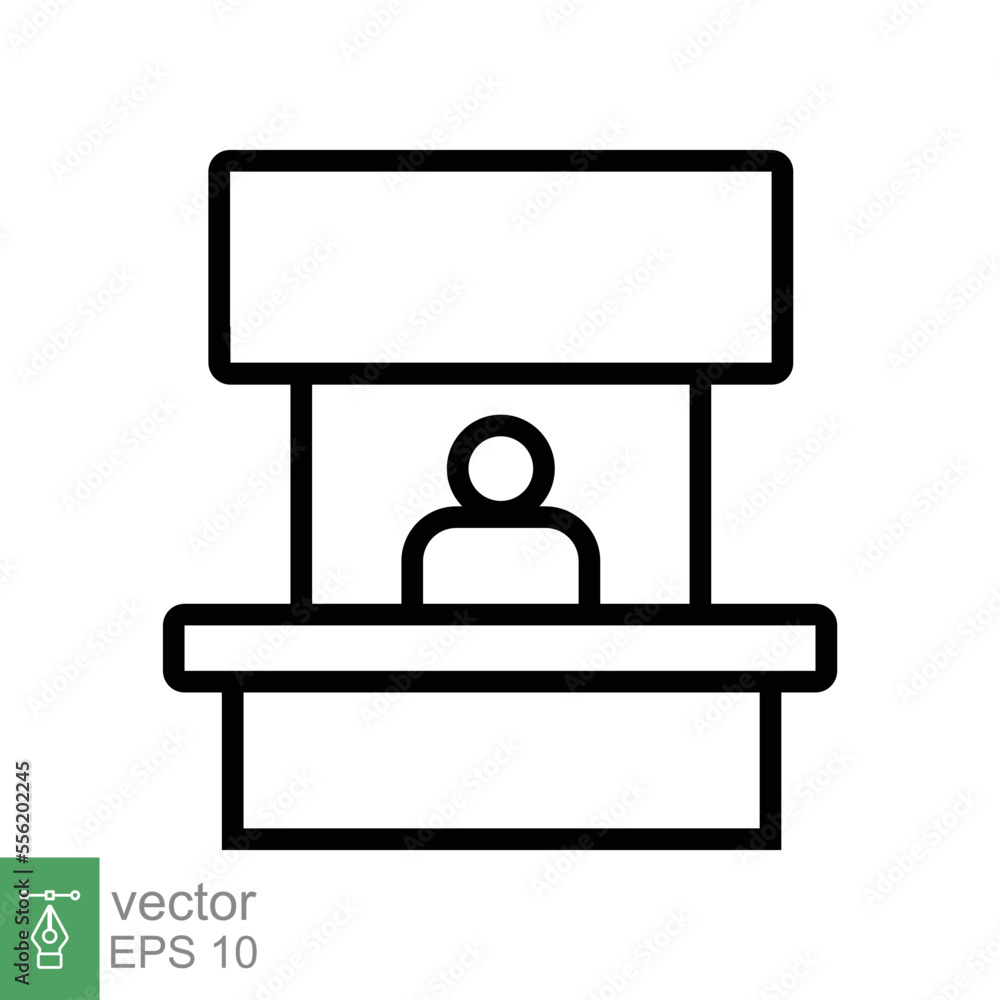 Sales booth icon. Simple outline style. Booth window, ticket counter, trade stand fair show, business concept. Thin line symbol. Vector illustration linear design isolated on white background EPS 10. Sales booth icon. Simple outline style. Booth window, ticket counter, trade stand fair show, business concept. Thin line symbol. Vector illustration linear design isolated on white background EPS 10.