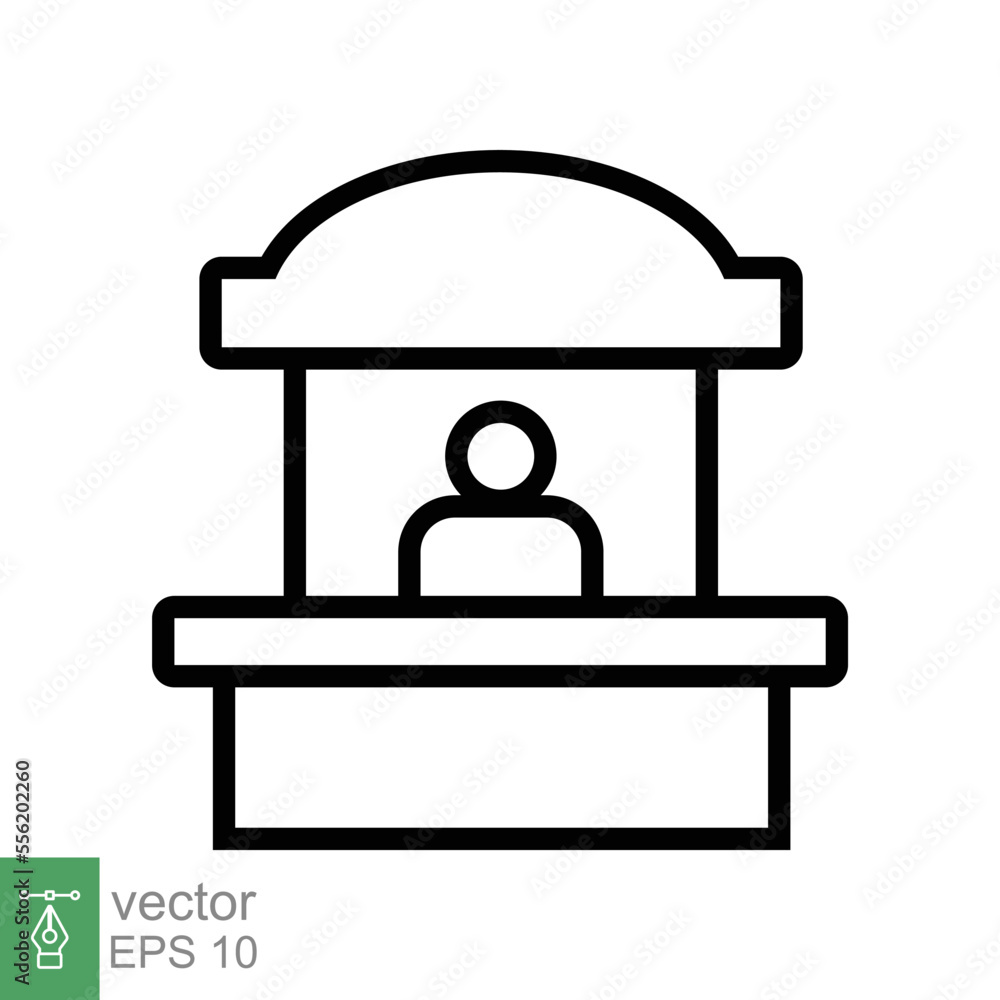 Sales booth icon. Simple outline style. Booth window, ticket counter, trade stand fair show, business concept. Thin line symbol. Vector illustration linear design isolated on white background EPS 10. Sales booth icon. Simple outline style. Booth window, ticket counter, trade stand fair show, business concept. Thin line symbol. Vector illustration linear design isolated on white background EPS 10.