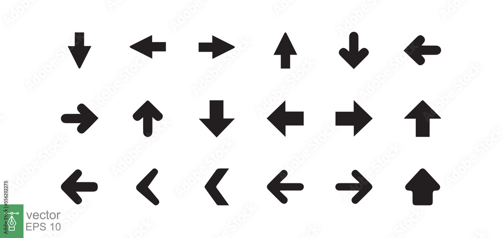 Set of black arrow icons. Collection different arrows sign. Round, direction sign for infographic, left, right, narrow, forward symbol. Vector illustration design isolated on white background EPS 10. Set of black arrow icons. Collection different arrows sign. Round, direction sign for infographic, left, right, narrow, forward symbol. Vector illustration design isolated on white background EPS 10.