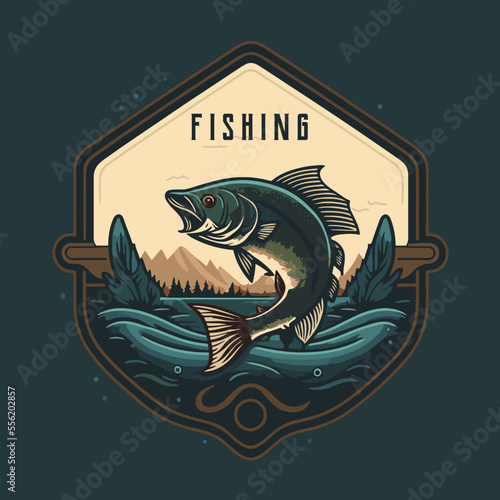 fishing fish in the water logo icon template vintage design