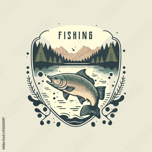 fishing fish in the water logo icon template vintage design
